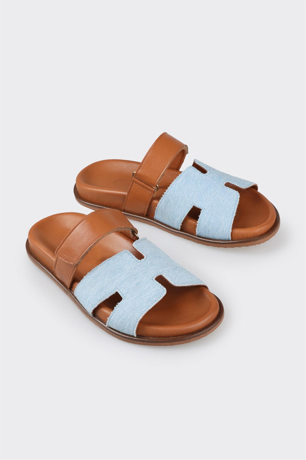 Mavi deri düz kadın terlik - Elle Shoes
