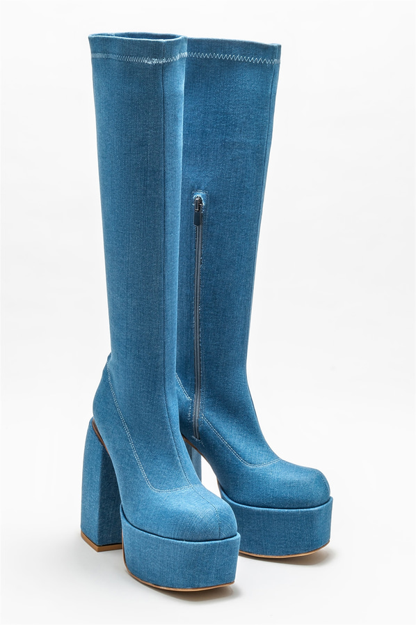 Mavi topuklu kadın çizme - Elle Shoes