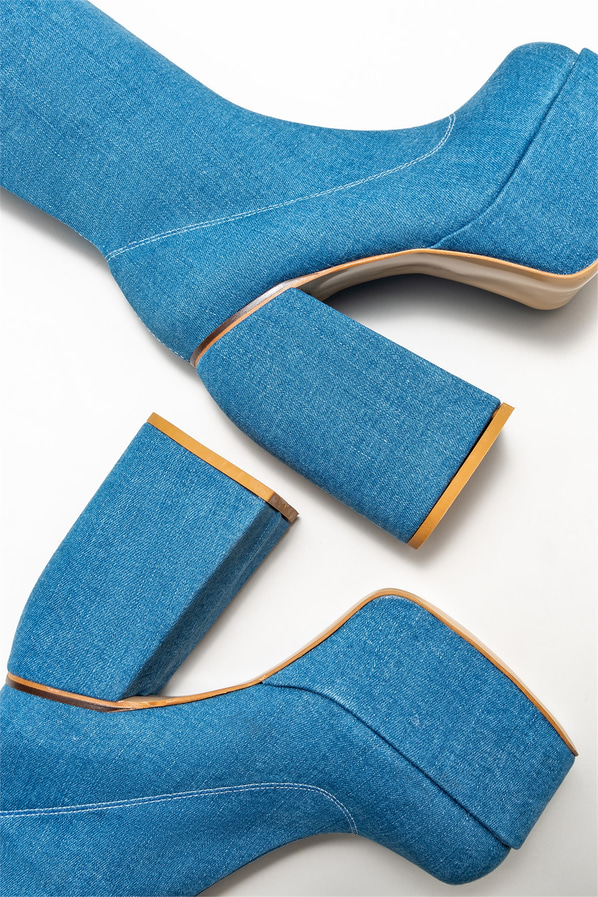 Mavi topuklu kadın çizme - Elle Shoes