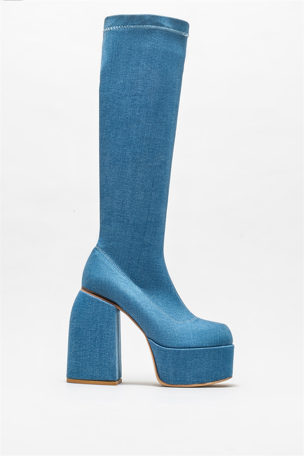 Mavi topuklu kadın çizme - Elle Shoes