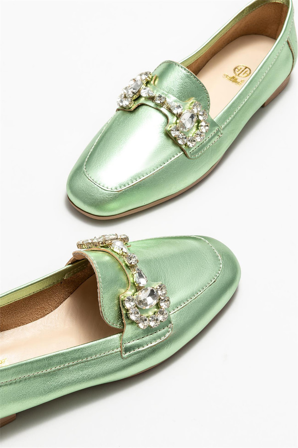 Mint yeşili deri kadın loafer - Elle Shoes