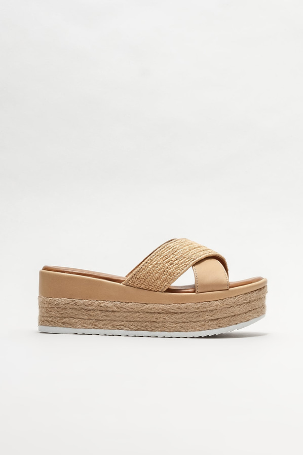 Naturel deri dolgu topuklu kadın terlik - Elle Shoes