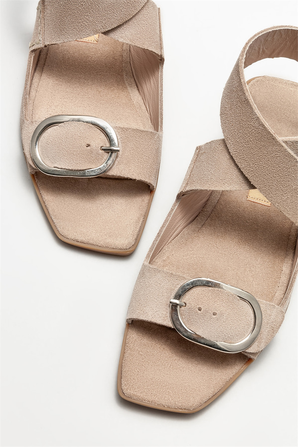 Naturel deri düz kadın sandalet - Elle Shoes