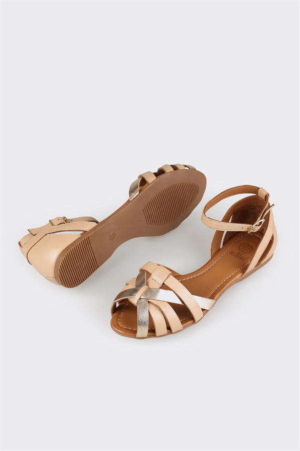 Naturel deri düz kadın sandalet - Elle Shoes
