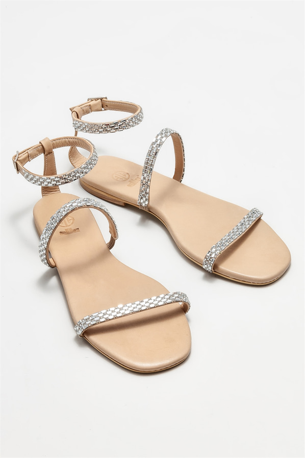 Naturel deri düz kadın sandalet - Elle Shoes