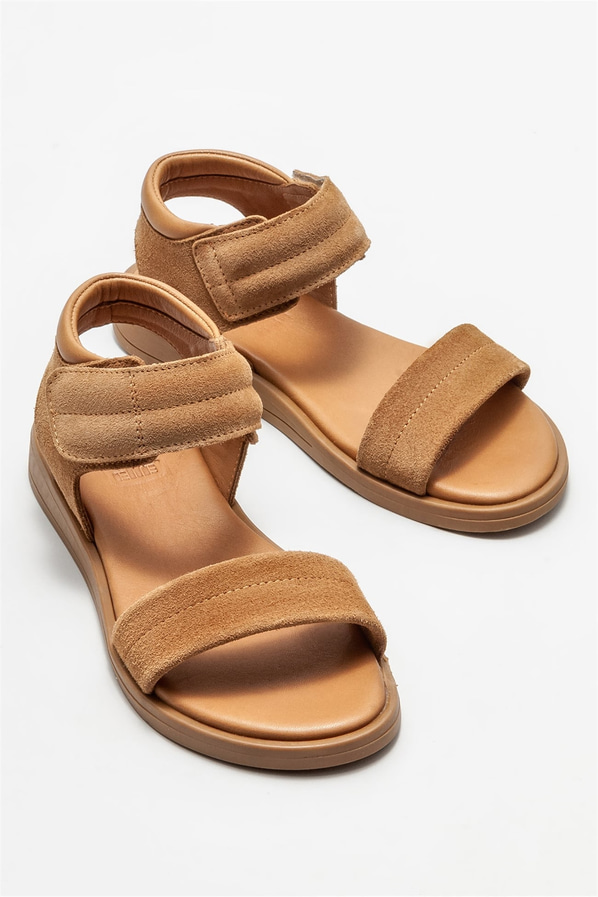 Naturel deri düz kadın sandalet - Elle Shoes