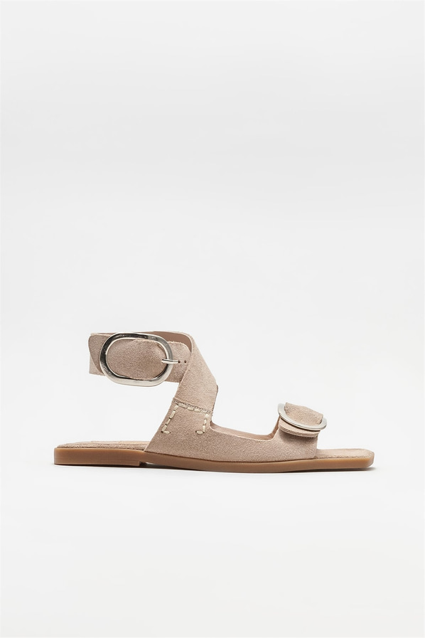Naturel deri düz kadın sandalet - Elle Shoes