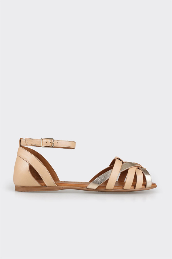 Naturel deri düz kadın sandalet - Elle Shoes
