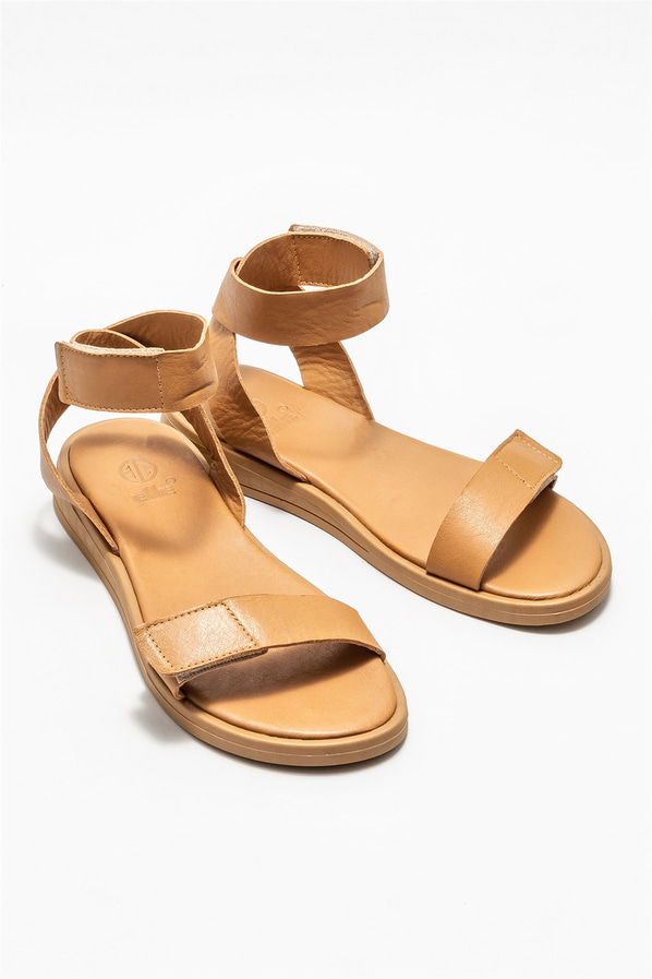 Naturel deri düz kadın sandalet - Elle Shoes