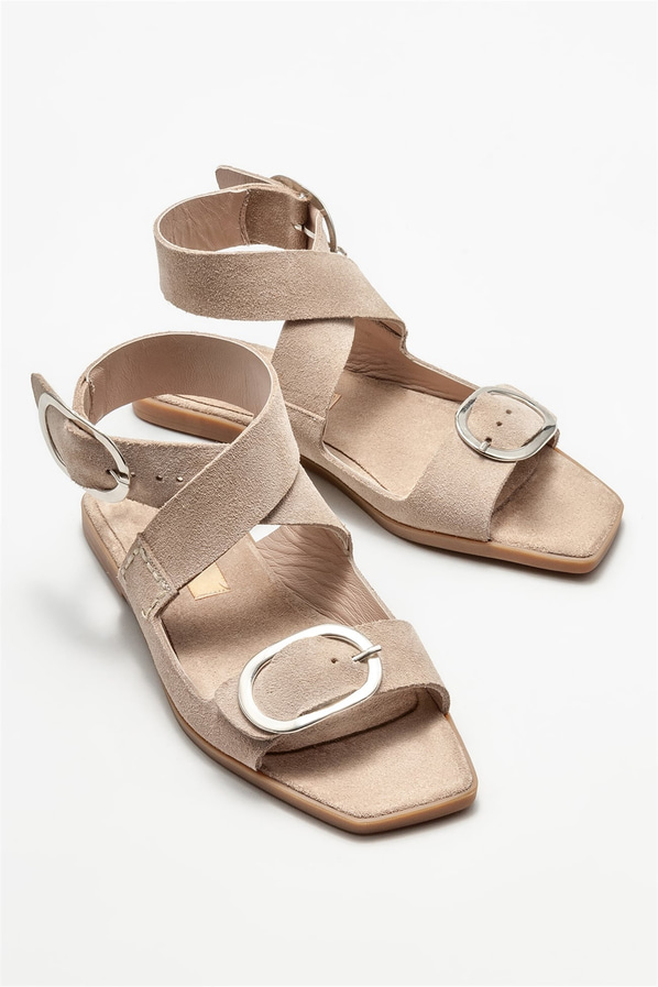 Naturel deri düz kadın sandalet - Elle Shoes