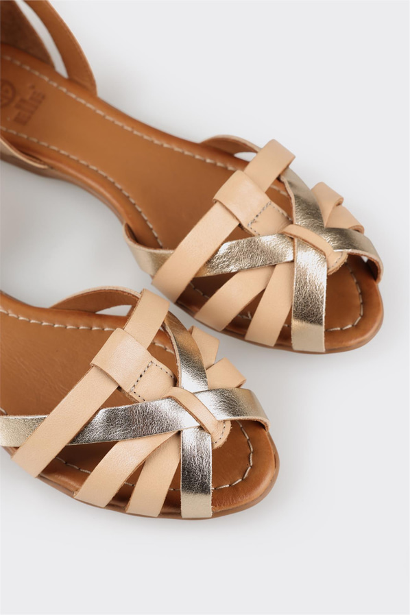 Naturel deri düz kadın sandalet - Elle Shoes