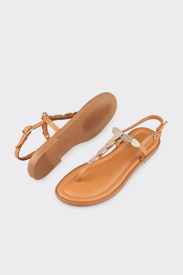 Naturel deri düz yumuşak dokulu kadın sandalet - Elle Shoes