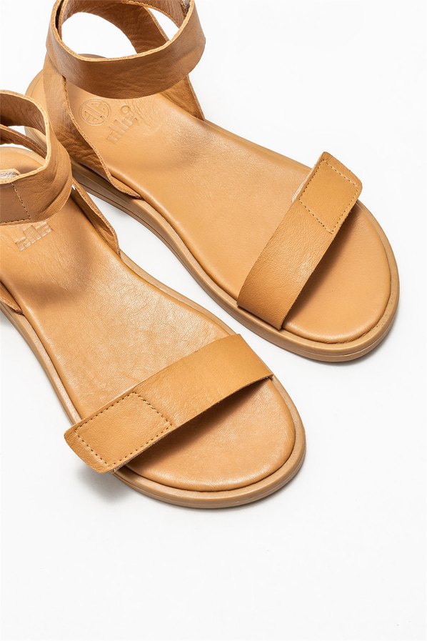 Naturel deri düz kadın sandalet - Elle Shoes