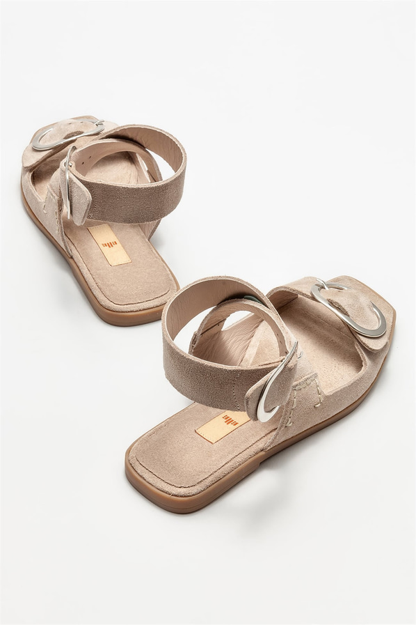 Naturel deri düz kadın sandalet - Elle Shoes