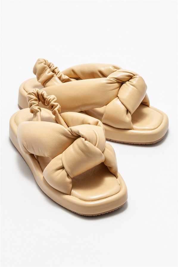 Naturel deri düz kadın sandalet - Elle Shoes