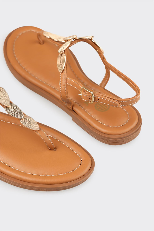 Naturel deri düz yumuşak dokulu kadın sandalet - Elle Shoes