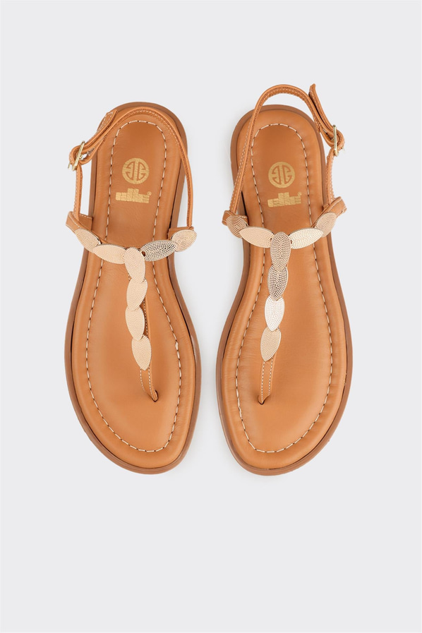 Naturel deri düz yumuşak dokulu kadın sandalet - Elle Shoes