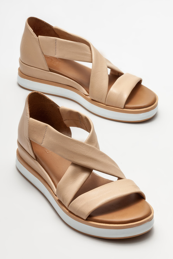 Naturel deri düz kadın sandalet - Elle Shoes