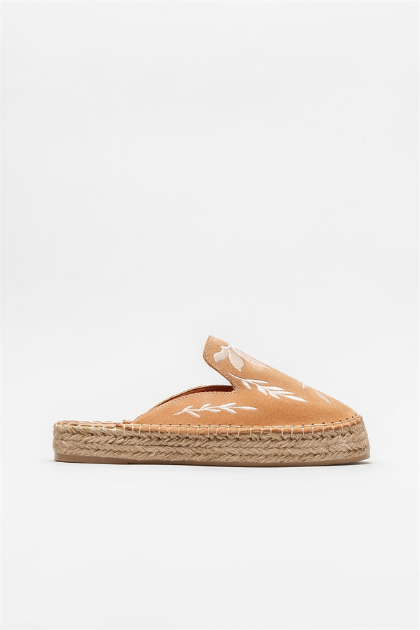 Naturel deri kadın düz terlik - Elle Shoes