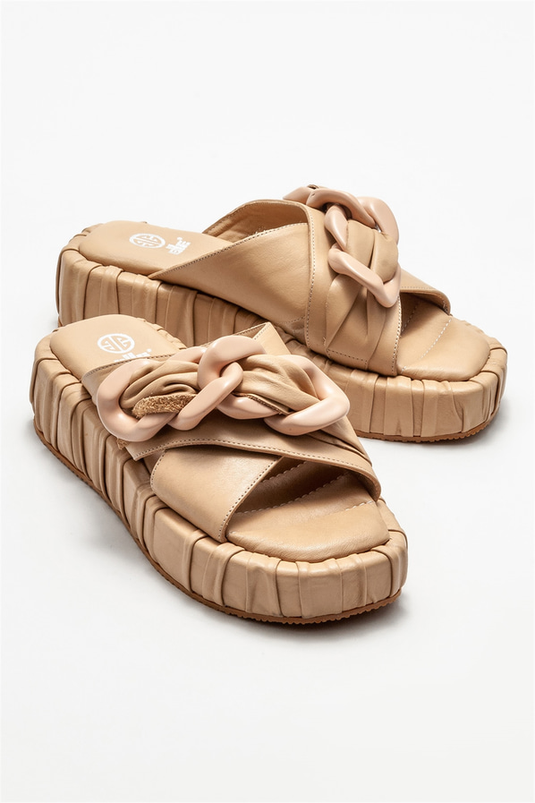 Naturel deri kadın düz terlik - Elle Shoes