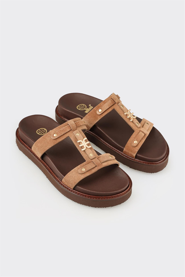 Naturel deri örgü dokulu kadın terlik - Elle Shoes