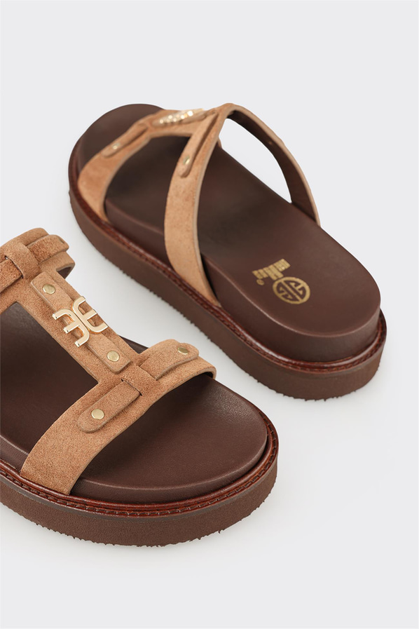 Naturel deri örgü dokulu kadın terlik - Elle Shoes