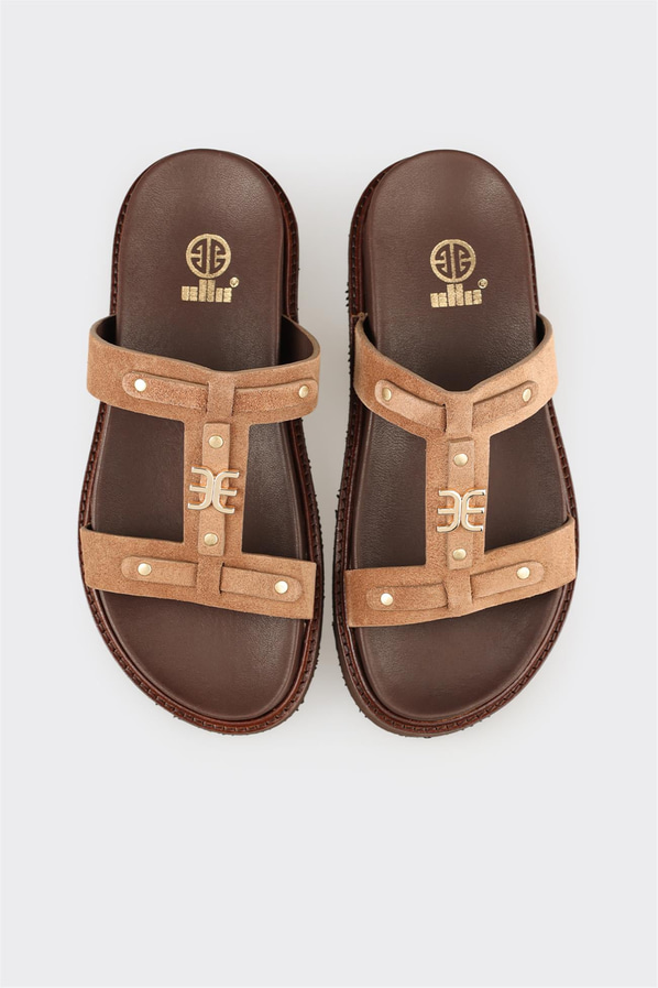 Naturel deri örgü dokulu kadın terlik - Elle Shoes