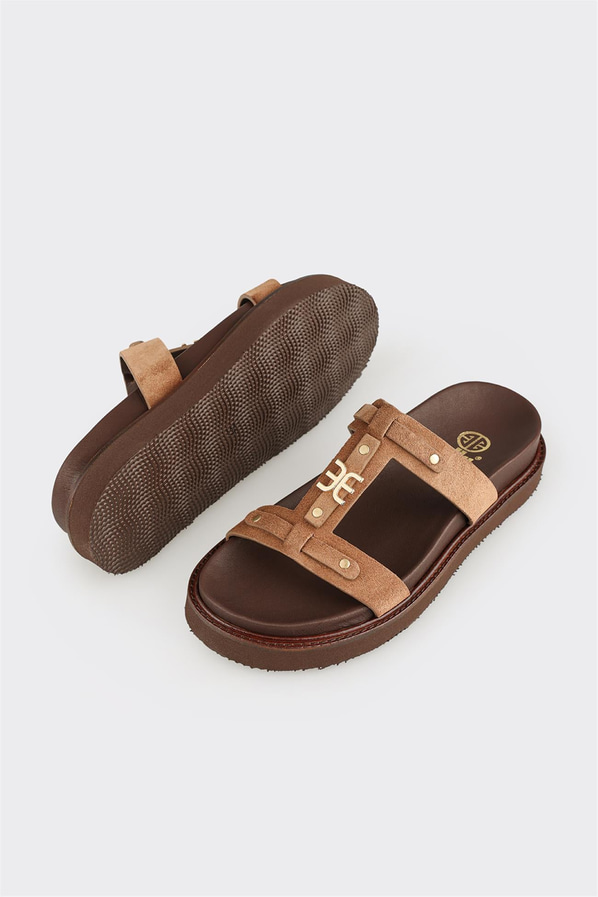 Naturel deri örgü dokulu kadın terlik - Elle Shoes