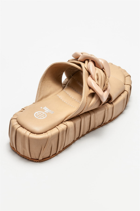 Naturel deri kadın düz terlik - Elle Shoes