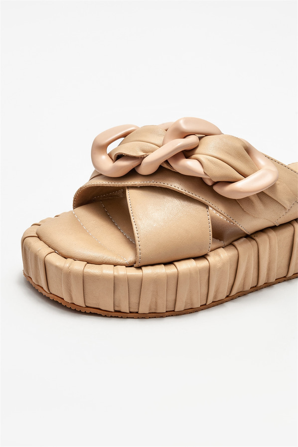 Naturel deri kadın düz terlik - Elle Shoes