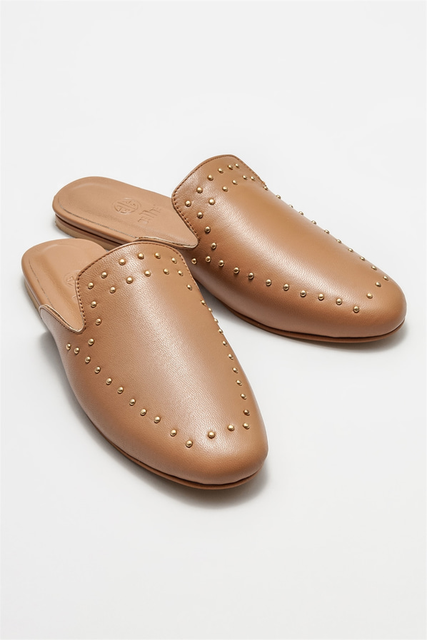 Naturel deri kadın düz terlik - Elle Shoes