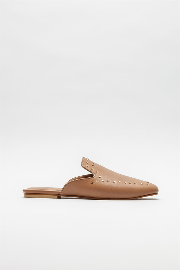 Naturel deri kadın düz terlik - Elle Shoes