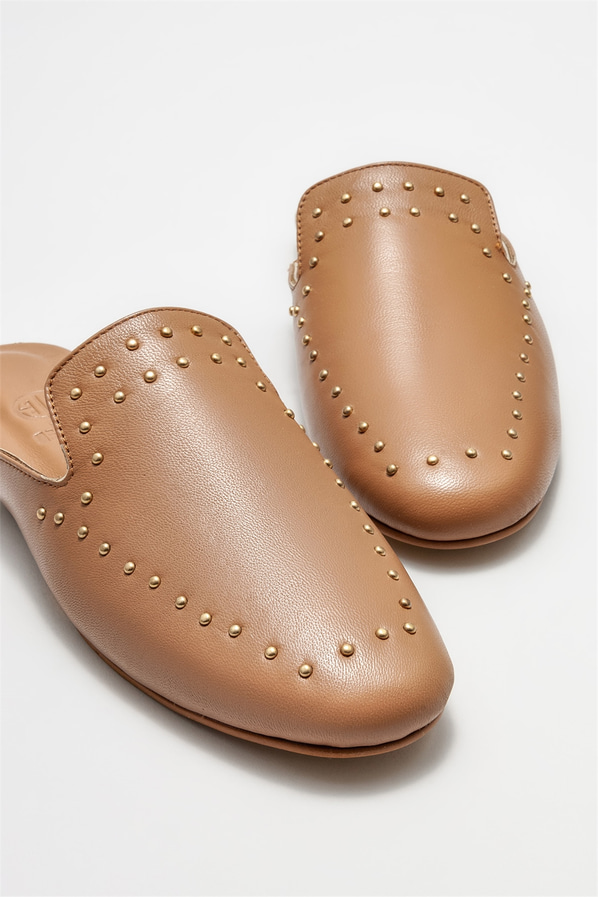 Naturel deri kadın düz terlik - Elle Shoes
