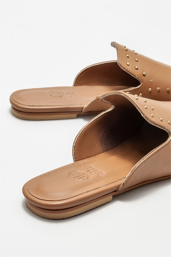Naturel deri kadın düz terlik - Elle Shoes