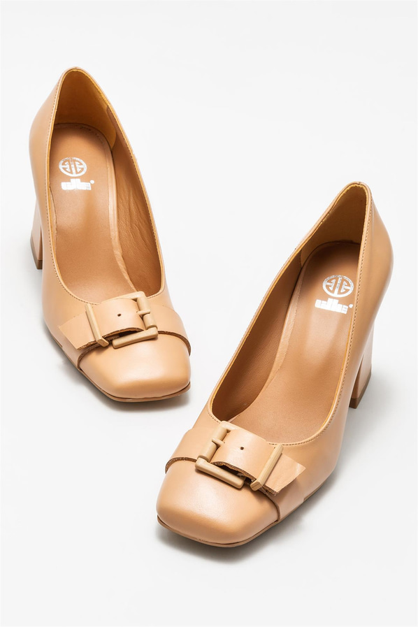 Naturel deri topuklu kadın ayakkabı - Elle Shoes