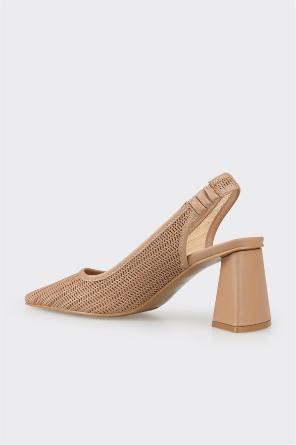 Naturel deri ve hasır sivri burunlu dokulu kadın topuklu ayakkabı, rahat kullanım için - Elle Shoes