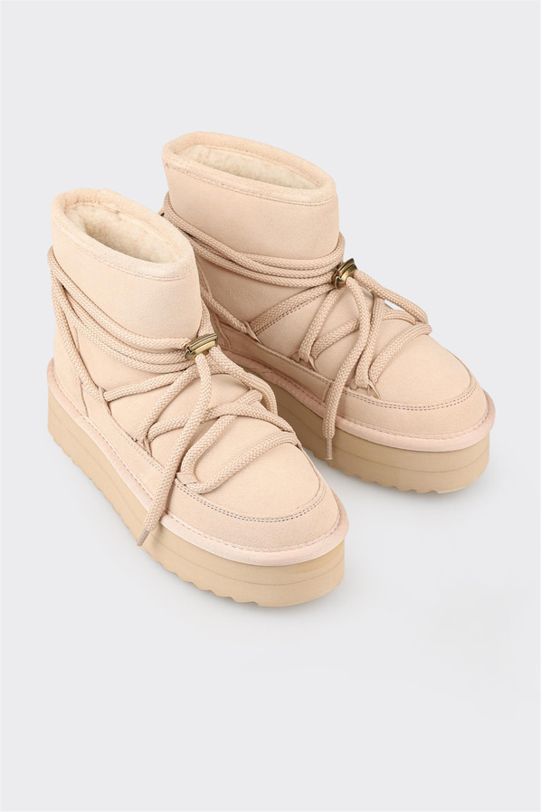 Naturel deri bağcıklı kalın tabanlı kadın bot - Elle Shoes