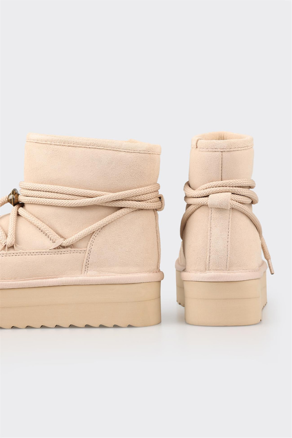 Naturel deri bağcıklı kalın tabanlı kadın bot - Elle Shoes