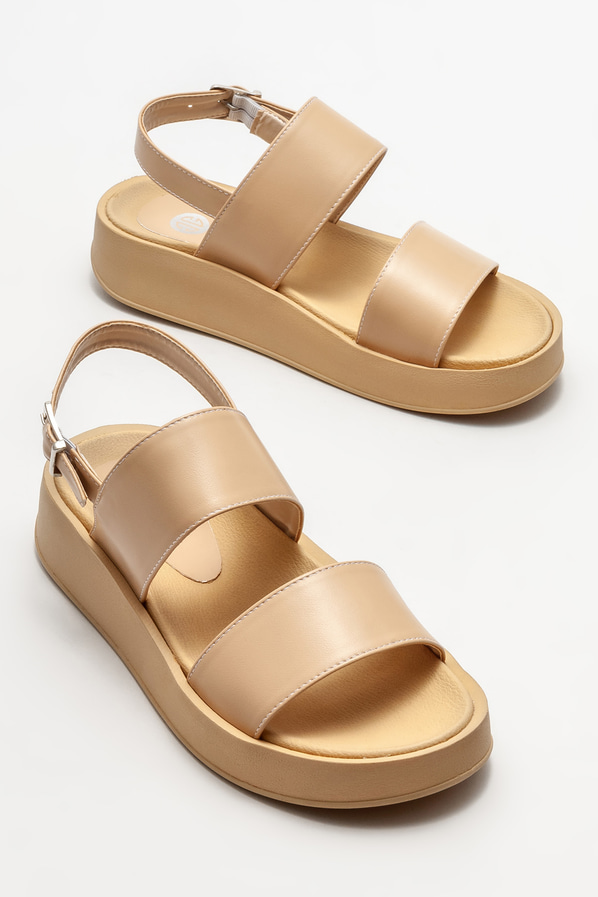 Naturel dolgu topuklu kadın sandalet - Elle Shoes