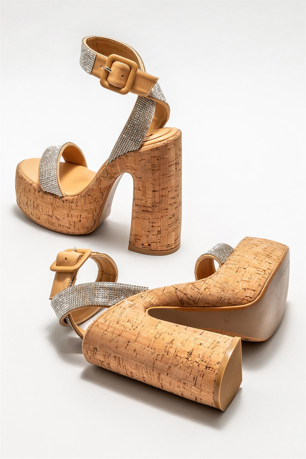 Naturel topuklu kadın sandalet - Elle Shoes