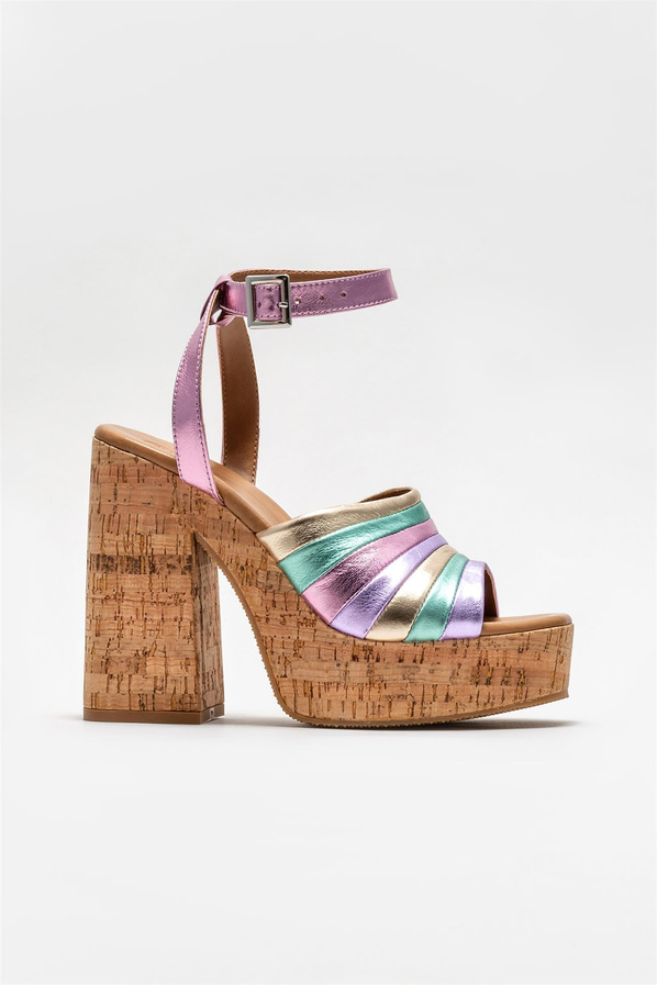 Pembe deri topuklu kadın sandalet - Elle Shoes
