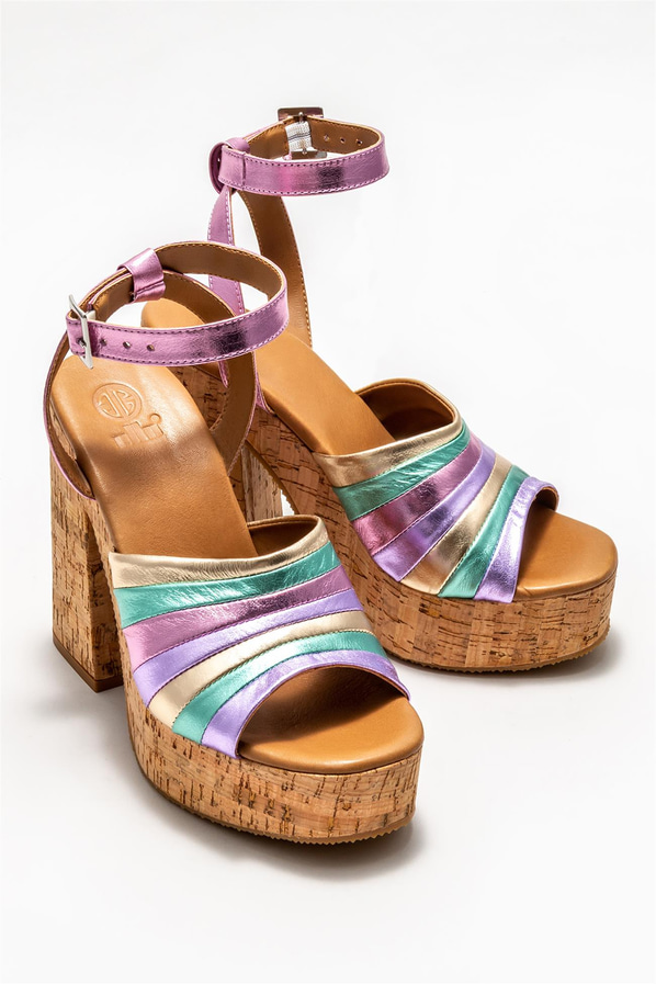 Pembe deri topuklu kadın sandalet - Elle Shoes