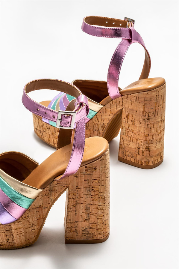 Pembe deri topuklu kadın sandalet - Elle Shoes