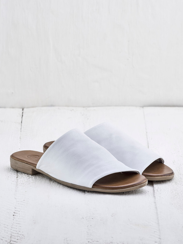 Beyaz deri kadın düz terlik - Elle Shoes