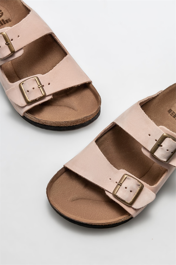 Pudra deri kadın düz terlik - Elle Shoes