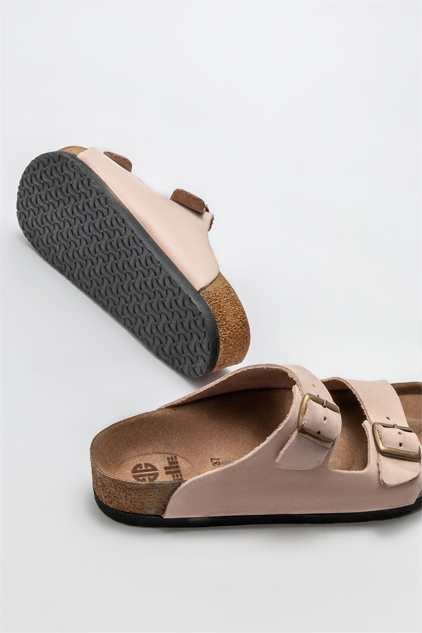 Pudra deri kadın düz terlik - Elle Shoes
