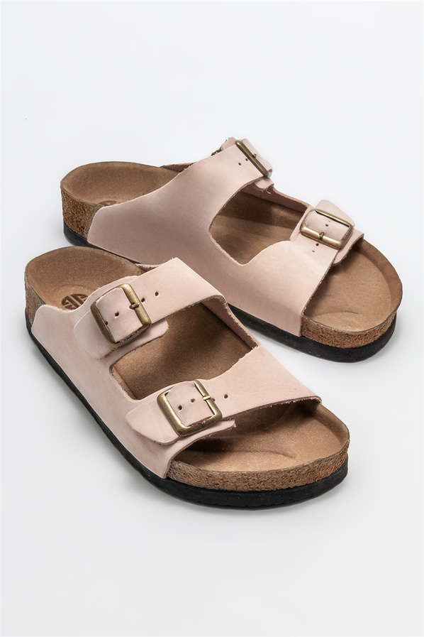 Pudra deri kadın düz terlik - Elle Shoes