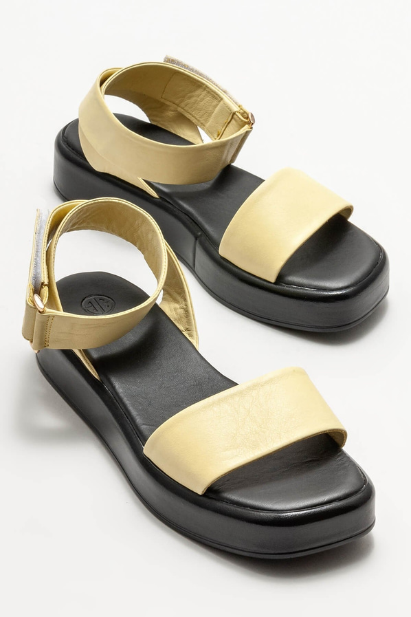 Sarı deri dolgu topuklu kadın sandalet - Elle Shoes