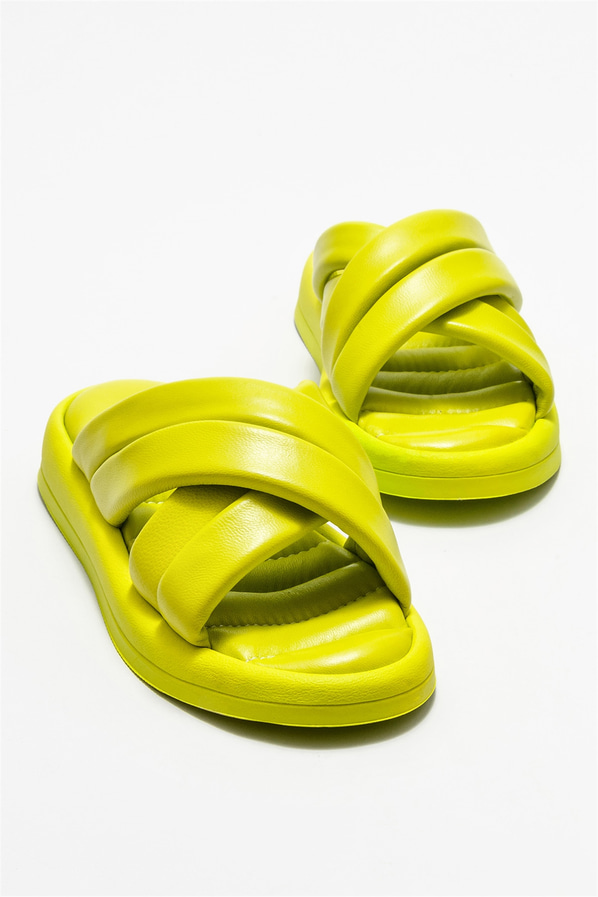 Sarı deri kadın düz terlik - Elle Shoes