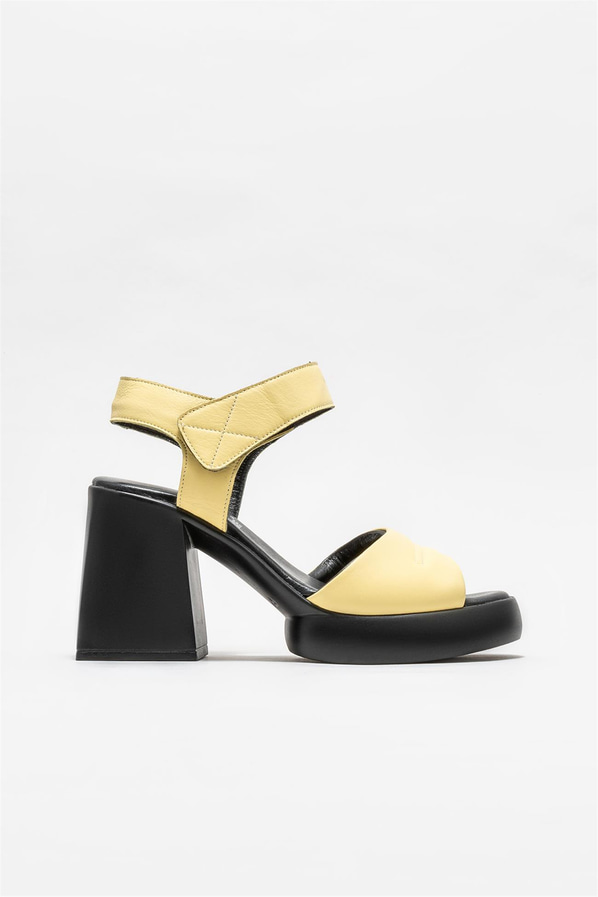 Sarı deri topuklu kadın sandalet - Elle Shoes